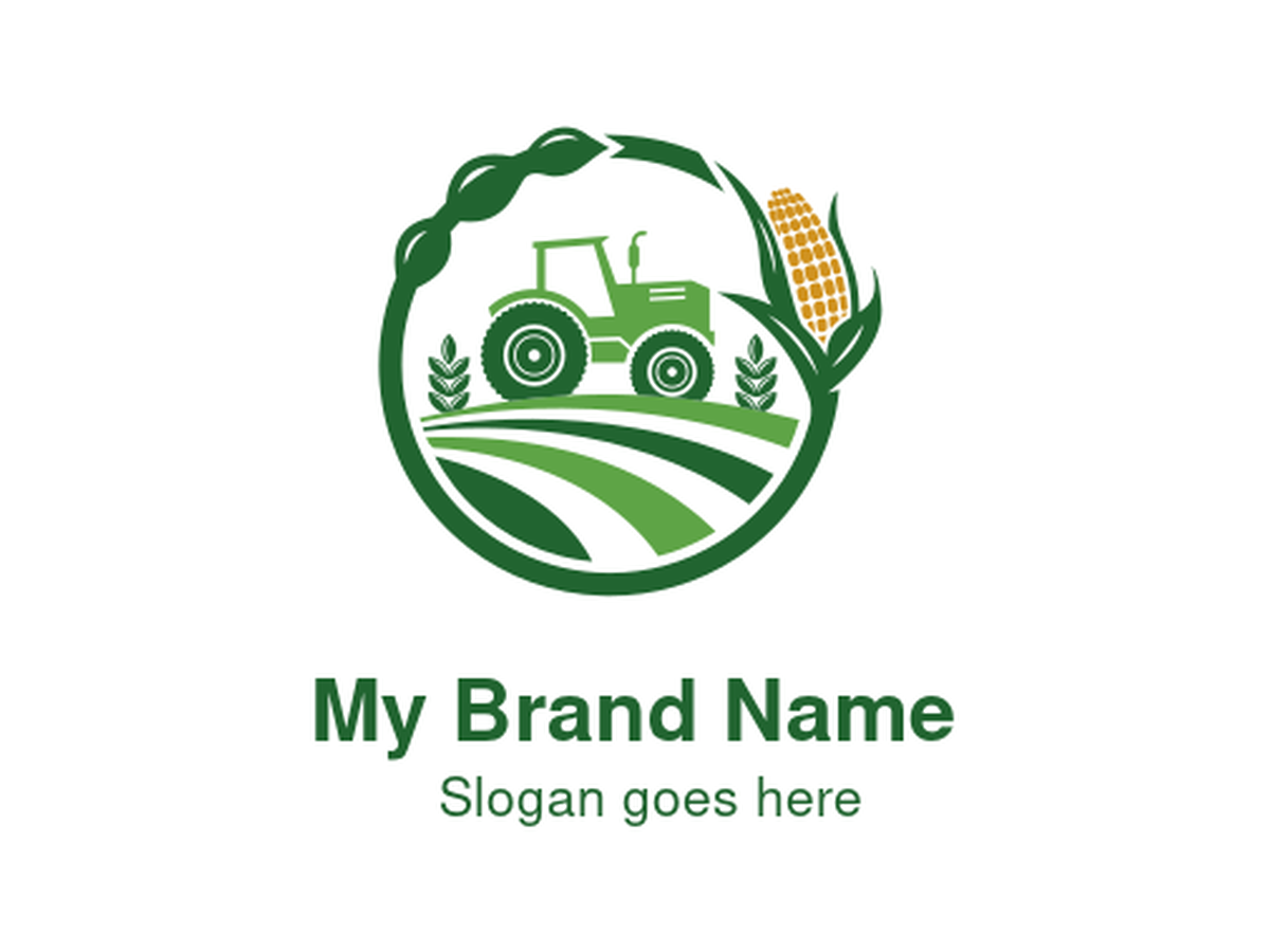 Vibrant Green Tractor with Corn and Leaf Circle Logo Design for Organic Corn Farming and Sustainable Agricultural Equipment Retail